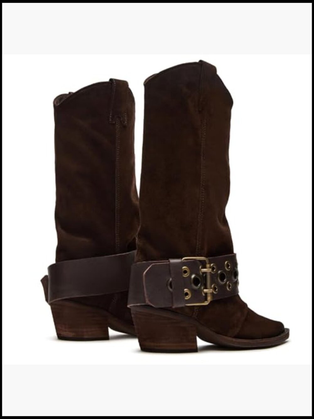 Suede Pointed Toe Cowboy Boots Chunky Heel Mid Calf Western Shoes - Picture 4 of 5